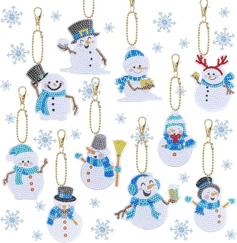 JNBFCDY 10-teiliges Weihnachts-Diamant-Kunst-Schlüsselanhänger-Set, blauer Schneemann, DIY-Edelstein-Malerei, Schlüsselanhänger mit silbernem Seil, Strass, Mosaikherstellung, Vollbohrer, von JNBFCDY