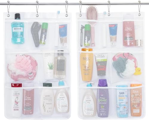 JNBFCDY Duschablage aus Netzstoff, 7 Taschen, zum Aufhängen, mit schnell trocknendem Netz, tragbarer, platzsparender Badezimmer-Organizer für Seife, Shampoo, Zubehör, Weiß, 2 Stück von JNBFCDY