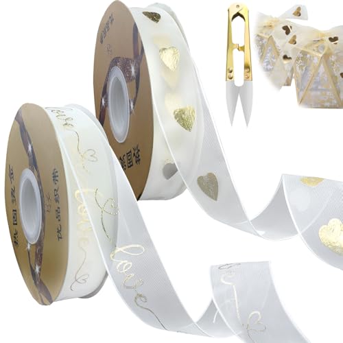 JNWYH 2 Rollen Geschenkband Gold, Herz Satinband für Geschenkverpackung, Hochzeitsfeier,Geschenkband Muttertag, Blumen Schleifenband mit 1 Stück Schere von JNWYH