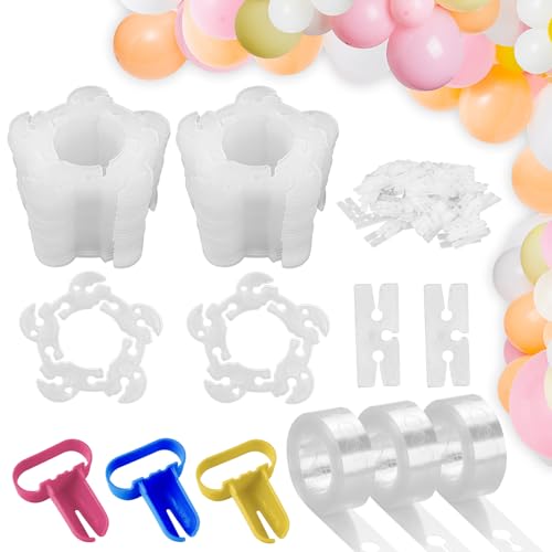 JNWYH 200 Stück Balloon Clips, Plastik Ballonverbinder für Bogenballonsäulenständer und Ballonblumen mit 3 Rollen Ballongirlande Band und 3 Stück Ballonknoter von JNWYH