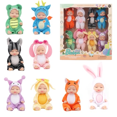 JOAASU Babypuppe, Mini Babypuppen, 8 Stück New Born Baby Puppe, Puppe und Kleidung Set, Waschbares PVC-Material, Realistische Babypuppe, Weicher Körper, Puppenspielzeug für Kleinkinder Mädchen Kinder von JOAASU