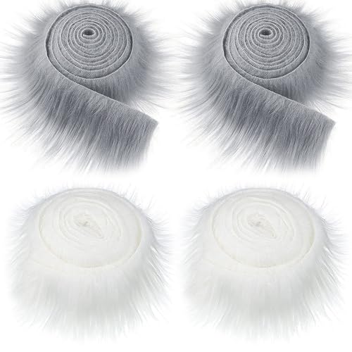 JOAASU Kunstfell zum Basteln, Furry Faux Precut Strips, Plüsch-Kunstfell-Stoff, Kunstleder Plüsch, 5CM*1.5M, Ideal zum Basteln Nähen Dekoband Plüsch Trim Stoffrolle, Weiß, Grau, 4 Stück von JOAASU