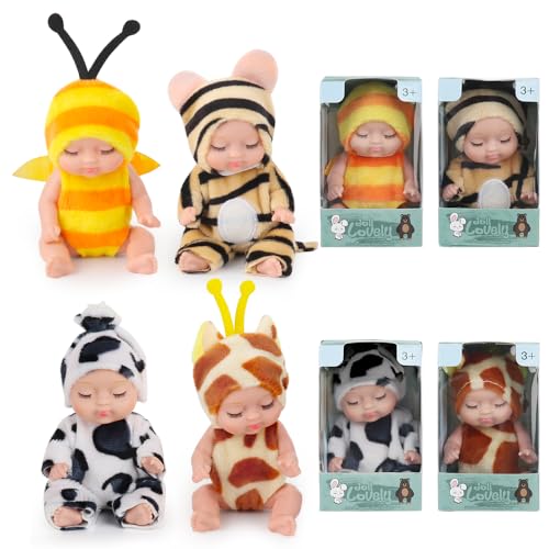 JOAASU Mini Baby Puppe, Mini-Babypuppe, 4 Stück Newborn Reborn Baby, Realistische, 3,5 Zoll Puppe und Kleidung Set, Weicher Körper, Puppenspielzeug für Mädchen,Kleinkinder und Kinder von JOAASU