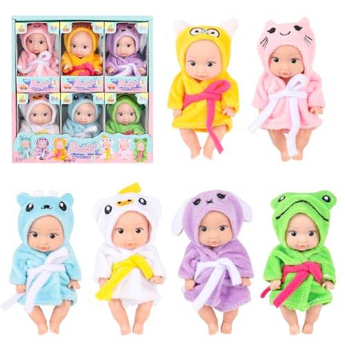JOAASU Mini Reborn Puppen, 6 Stück Mini Baby Puppe, Babypuppe, Mini-Babypuppe, 4,3 Zoll Puppe und Kleidung Set, Realistische Babypuppe, für Mädchen, Kleinkinder und Kinder (Bademantelserie) von JOAASU