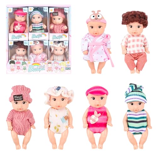 JOAASU Mini Reborn Puppen, 6 Stück Mini Baby Puppe, Babypuppe, Mini-Babypuppe, 4,3 Zoll Puppe und Kleidung Set, Realistische Babypuppe, für Mädchen, Kleinkinder und Kinder (Heimserie) von JOAASU