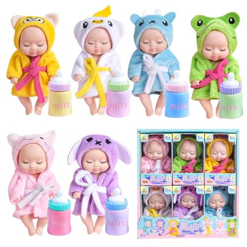 JOAASU Mini Reborn Puppen, 6 Stück Mini Babypuppe mit 6 Mini Flasche, Mini Baby Puppe, Babypuppe, 4,3 Zoll Puppe und Kleidung Set, Realistische Babypuppe, für Mädchen, Kleinkinder und Kinder von JOAASU