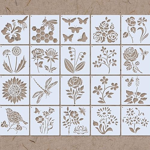 JOCXZI 20 Stücke malschablonen-Blumen Vogel Schablone Flower Painting Template, 12.7 x 12.7 cm Wiederverwendbare Blatt Zeichnung Schablone, DIY Malschablone Satz für Bullet Journal von JOCXZI