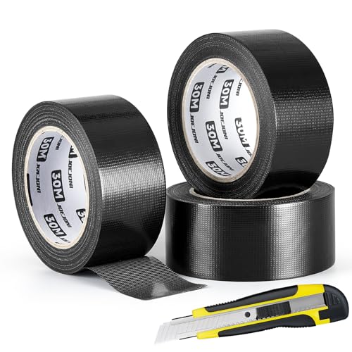 JOEJONI 3 Rollen Panzertape Extra Stark, 30mx50mm Wasserfestes Klebeband, Breites Gewebeklebeband mit Cuttermesser, Wasserdichtes Reparaturband für Reparaturen, Heimwerker, Handwerk, Innen- und Außen von JOEJONI