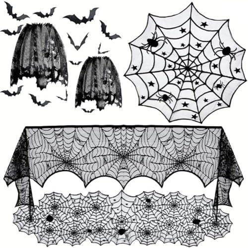 JOERRES 6 Pcs Halloween-Dekorationssets, runde Tischdecke aus Halloween-Spitze,Spooky Bat Spiderweb Lace Rechteckige Tischdecke,Kaminmantelschal und Spider-Lampenschirm mit 12 Stück Scary 3D Bat von JOERRES