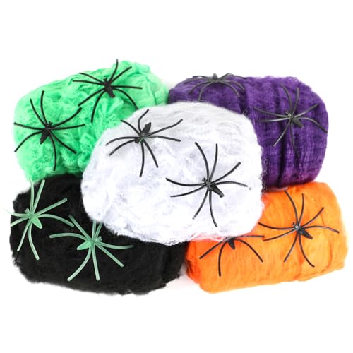 JOFONY Halloween Spinnennetz Dekorationen,Spiderweb Spinne Deko,100G Dehnbare Baumwolle 10 Künstlichen Spinnen,Spinnenbaumwolle Deko Halloween Deko Kit für Karneval,Party,Tisch,Garten von JOFONY