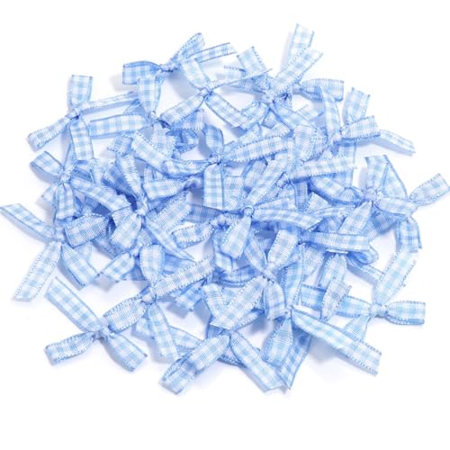 100 Stück Mini Gingham Bandschleifen für DIY Handwerk Nähen Scrapbooking Hochzeit und Geschenk Dekoration(Blau) von JOIUXNER