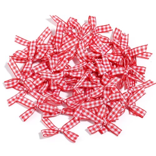 100 Stück Mini Gingham Bandschleifen für DIY Handwerk Nähen Scrapbooking Hochzeit und Geschenk Dekoration(Rot) von JOIUXNER