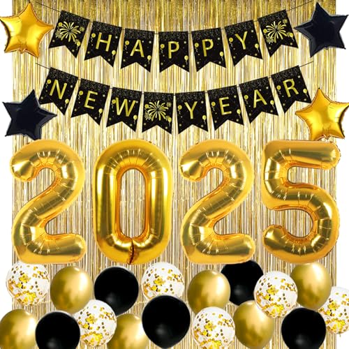 JOJO FLY Silvester Party Dekorationen Kit, Gold 2025 Luftballons, Happy New Year Banner, Goldfolienvorhang, Schwarz und Gold Luftballons Set, Silvester Party Supplies 2025 von JOJO FLY