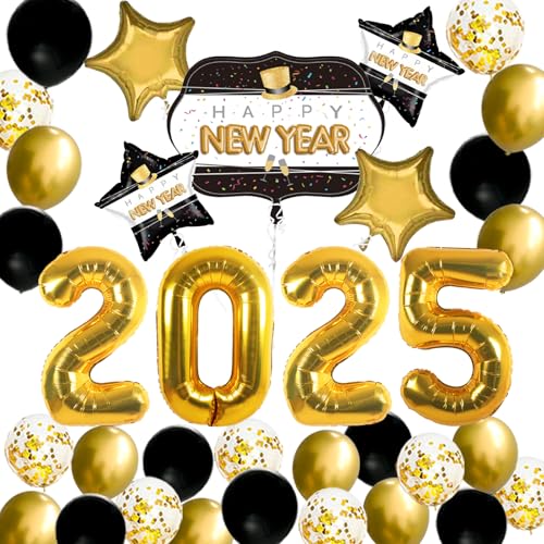 JOJO FLY Silvester Party Dekorationen Kit, Gold 2025 Luftballons, Happy New Year Folienballons, Schwarz und Gold Luftballons Set, Gold Star Mylar Ballons, Silvester Party Supplies 2025 von JOJO FLY