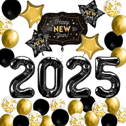 JOJO FLY Silvester Party Supplies 2025, Schwarz 2025 Luftballons, Happy New Year Folienballons, Gold und Schwarz Luftballons Set, Gold Star Mylar Ballons, Silvester Party Dekorationen Kit von JOJO FLY