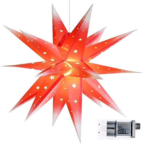 JOJOJOSDA 3D Weihnachtsstern Beleuchtet Außen - 58cm LED Weihnachtsstern für Fenster, Adventsstern Stern Zum Dekorieren von Innenhof, Balkon Und Garten | 4 m Zuleitung | ca. 57x44x48 cm (Red-white) von JOJOJOSDA