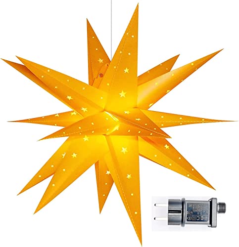 JOJOJOSDA 3D Weihnachtsstern Beleuchtet Außen - 58cm LED Weihnachtsstern für Fenster, Adventsstern Stern Zum Dekorieren von Innenhof, Balkon Und Garten | 4 m Zuleitung | ca. 57x44x48 cm (Yellow) von JOJOJOSDA