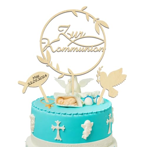 Cake Topper Konfirmation, Holz Tortendeko Kommunion, Taufe Fische Konfirmation Torten Topper, Erstkommunion Kuchen Deko Tortendeko Party für Junge Mädchen von JOJOR