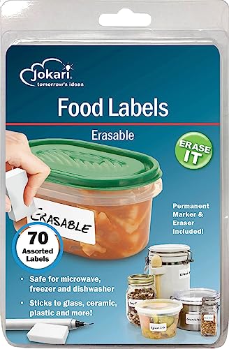 Jokari 47826 - Starter-Pack Food Labels - für löschbare Lebensmitteletiketten mit 70 verschiedenen Etiketten, Radierer und Stift - Weiß - EINWEG von JOKARI