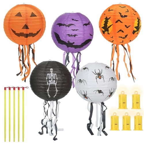 5 Stück Halloween Lampions, LED Halloween Laterne, Halloween Papierlaterne,Faltbar Lampenschirm Papier,Kürbis Spinnen Hängende Festival Laterne für Home Party Halloween Deko Junge Mädchen von JOKILY