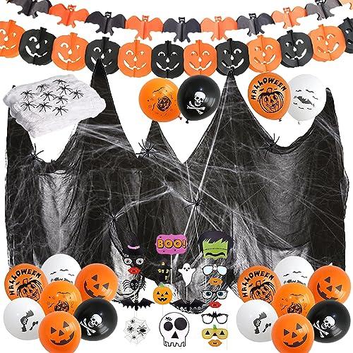 56 Stück Halloween Deko Set, Halloween Party Dekoration, Grusel Dekoration, Halloween Spinnen Spinnennetz Ballons Luftballon Banner Girlande Fotosrequisiten für Halloween Karneval Garten Deko von JOKILY