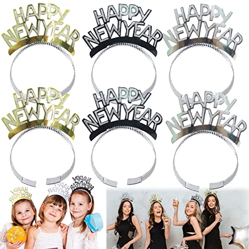 JOKILY 6 Stück Happy New Year Haarreifen Kopfschmuck, 2025 Silvester Party Haarreif, Silvester Haarreif Krone Kopfbedeckung, Silber Strass glitzernd Neujahr Feier Fest Haarschmuck Zubehör von JOKILY