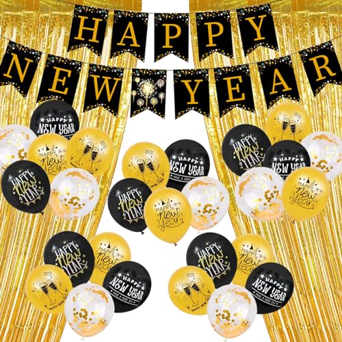 Silvester Deko, Schwarz Gold Neujahr Deko Happy New Year Banner, Schwarz Gold Luftballons Deko Silvester Party Set, Neujahr Silvesterdeko Deco Bunt Konfetti Ballons und Zahlen Folienballon von JOKILY