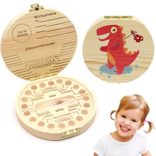 Zahndose Holz, Milchzahndose, Milchzahnbox, Zahndose Milchzähne Mädchen, Aufbewahrungsbox für Kinder Zähne, Zahnaufbewahrung Zähne Kinder, Zahnfee Geschenke für Mädchen & Jungen (Dinosaurier) von JOKILY