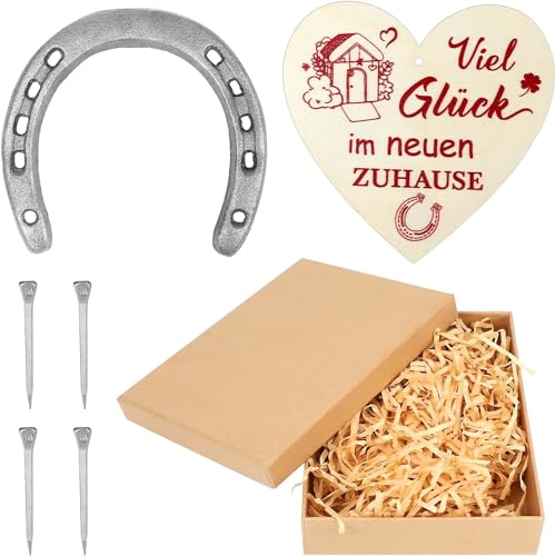 Hufeisen Glücksbringer Geschenk Set - Hufeisen Deko, Hufeisen Glücksbringer Geschenk Set, mit 1 Hufeisen, 1 Hölzerner Glücksbringer 4 Hufnägeln, Geschenkbox, Einweihungs- Hochzeits Abschlussgeschenk von JOLIGAEA