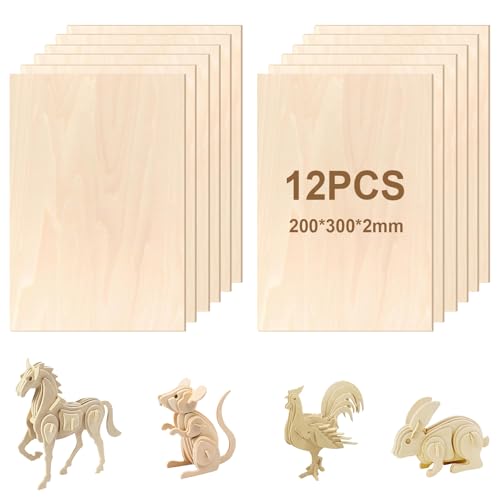 JOLIGAEA 12 Stück Bastelholz Holzplatte, Holzplatte Sperrholz 2mm, 300 * 200 * 2mm Lindensperrholz Holz Platten, Natürliches Unfertiges Balsaholz Platten für DIY Modell, Kunst und Handwerk, Gemälde von JOLIGAEA