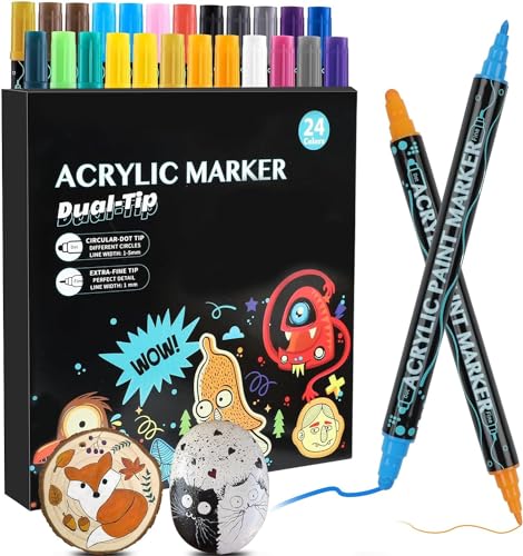 Acrylstifte Marker für Steine Wasserfest, 24 Farben Steine Bemalen Set, 1-5mm Dual Tip Permanent Marker Stifte, Acrylstifte für Steine Wasserfest, Paint Marker für Holz, Leinwand Glas Papier von JOLIGAEA