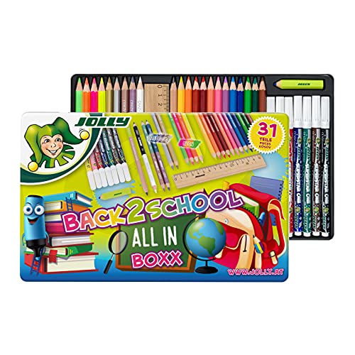 JOLLY Back to School Box, Schulstarterset mit 31 Teilen inkl. Buntstifte, Fasermaler, Graphitstifte, Lineal & Radiergummi – Der Perfekte Start in das Neue Schuljahr, Made in Austria von JOLLY