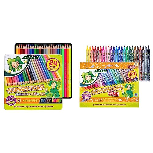 JOLLY Supersticks Classic Farbstifte | Metallic-Mix | 24 Buntstifte im Metalletui & Superstar ONE Fasermaler Hochwertiger Filzstift Auswaschbar 24 Stück im Kartonetui 4445-0030 24 Fasermaler von JOLLY