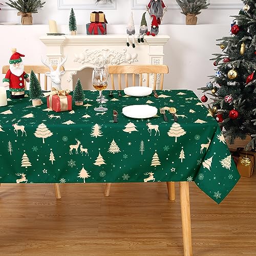 JOLLYTOP Tischdecke Weihnachten Tisch Dekoration Wasserabweiseind Tischdecke mit Hirsh Druck Tischtuch Abwaschbar Tafeldecke für Küche,137x137cm,Grün von JOLLYTOP