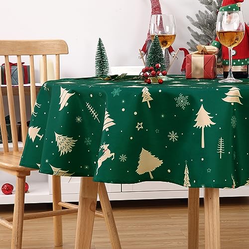 JOLLYTOP Tischdecke Weihnachten Tischdecke Rund, Wasserabweiseind Tischdecke mit Hirsh, Tischtuch Abwaschbar Tischdecke für Feiertag Dekoration,Rund Durchmesser 152cm,Grün von JOLLYTOP