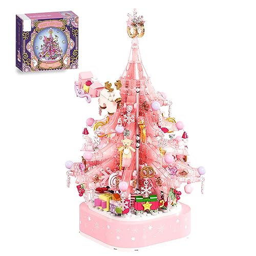 JOMIOD Weihnachten Spieluhr Bausteine Bausatz, 675 Klemmbausteine Rosa Kristall Weihnachtsbaum Spieluhr Modellbausatz, Weihnachtsbaum DIY Bausteine Spieluhr für Erwachsene Kinder, Kompatibel mit Lgo von JOMIOD