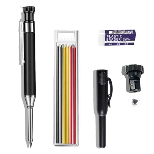 JOMPENS 1 Holzbearbeitungsstift, 7 Stiftkerne, Aluminium-Metall-Tiefloch-Automatikstift, Markieren und Zeichnen, integrierter Holzbearbeitungsspitzer + Radiergummi + Stiftkappe (schwarz) (Farbe) von JOMPENS