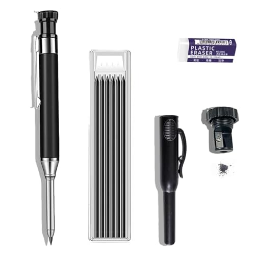 JOMPENS 1 Holzbearbeitungsstift, 7 Stiftkerne, Aluminium-Metall-Tiefloch-Automatikstift, Markieren und Zeichnen, integrierter Holzbearbeitungsspitzer + Radiergummi + Stiftkappe (schwarz) von JOMPENS