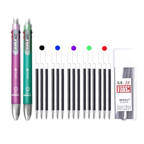 JOMPENS 18-teiliges 6-in-1 mehrfarbiges Kugelschreiber-Set, einziehbar, 5 Farben und Druckbleistift in einem Stift, Multifunktionsstift, Schreibwaren (lila und grün) von JOMPENS