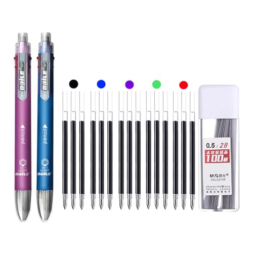 JOMPENS 18-teiliges 6-in-1 mehrfarbiges Kugelschreiber-Set, einziehbar, 5 Farben und Druckbleistift in einem Stift, Multifunktionsstift, Schreibwaren (lila und blau) von JOMPENS