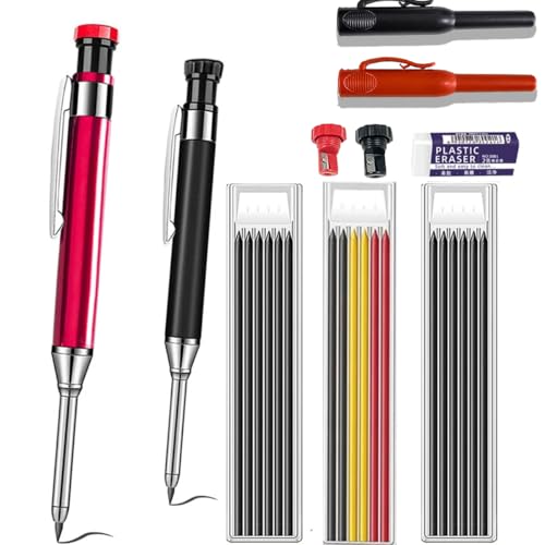 JOMPENS 2 solide Tischlerbleistifte, 20 Stiftkerne, Aluminiumstab, Metalltiefloch, Druckbleistiftmarker, integrierter Tischlerspitzer, Radiergummi und Stifthalter im Lieferumfang enthalten (1 Farbe + von JOMPENS