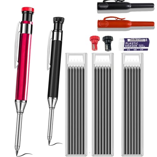 JOMPENS 2 solide Tischlerbleistifte, 20 Stiftkerne, Aluminiumstab, Metalltiefloch, Druckbleistiftmarker, integrierter Tischlerspitzer, Radiergummi und Stifthalter im Lieferumfang enthalten (2 schwarz) von JOMPENS