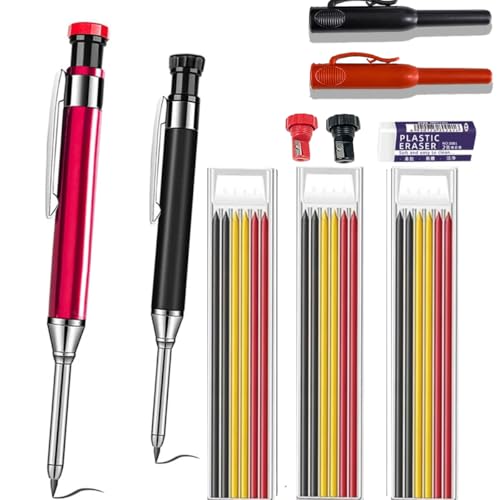 JOMPENS 2 solide Tischlerbleistifte, 20 Stiftkerne, Aluminiumstab, Metalltiefloch, Druckbleistiftmarker, integrierter Tischlerspitzer, Radiergummi und Stifthalter im Lieferumfang enthalten (2 Farben) von JOMPENS