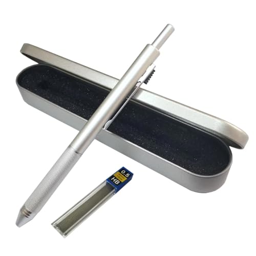 JOMPENS 4-in-1 mehrfarbiges Kugelschreiber-Set, Metall, multifunktionaler Stift mit Federmäppchen, 0,7 mm, schwarz, blau, rot, Mine, 0,5 mm, automatische Bleistiftminen (Silber-Set) von JOMPENS