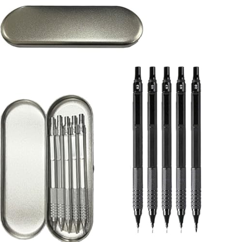 JOMPENS 6 Stück/Set 0,3 0,5 0,7 0,9 2,0 mm Kreativ Silber/Schwarz, Metall Mechanisches Stifte-Set mit Metallbox Metall Stiftebox Geschenk Kunst Skizze Malerei Büro Schreibwaren (schwarz) von JOMPENS