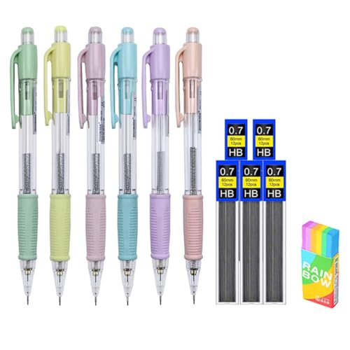 JOMPENS Druckbleistift mit weichem Griff, 6 Farben, weicher Griff, 0,5 mm Ausschüttelmine, ausschüttelbare Mine, Regenbogen-Radiergummi, 60 Minenkerne (0,5 mm) von JOMPENS