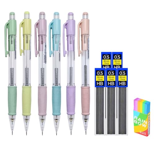 JOMPENS Druckbleistift mit weichem Griff, 6 Farben, weicher Griff, 0,5 mm Ausschüttelmine, ausschüttelbare Mine, Regenbogen-Radiergummi, 60 Minenkerne (0,7 mm) von JOMPENS