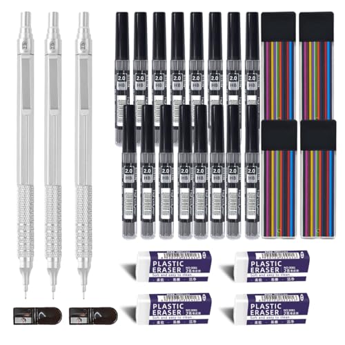 JOMPENS Metal 2.0 Druckbleistift-Set, 3 Druckbleistifte mit 20 Tuben 2 mm Graphitminenfüller und Farbe, Spitzer, Radiergummi für Künstler zum Schreiben, Zeichnen (weiß) von JOMPENS