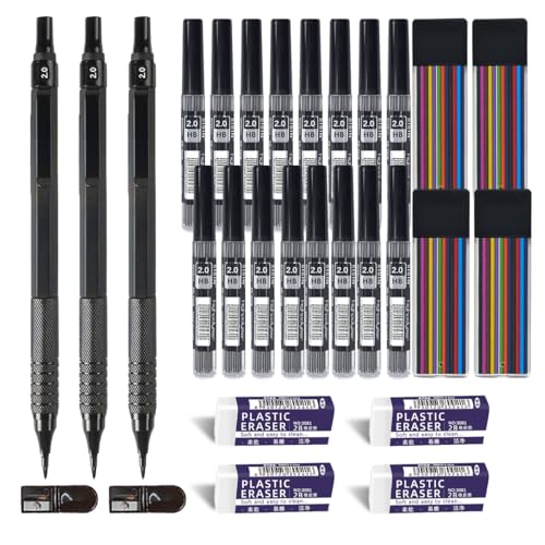 JOMPENS Metal 2.0 Druckbleistift-Set, 3 Druckbleistifte mit 20 Tuben mit 2 mm Graphitminenfüller und Farbe, Spitzer, Radiergummi für Künstler zum Schreiben, Zeichnen (schwarz) von JOMPENS