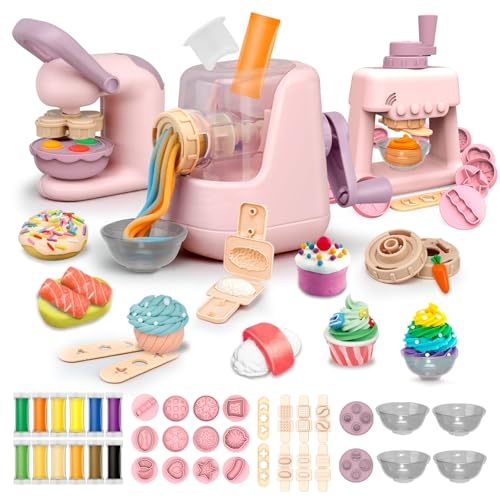 JONRRYIN Knete Set für Kinder, 65 Stück Knete Zubehör Knetwerkzeug mit 12 Modelliermasse, Kreatives Kinderknete Dough Nudelmaschine Spielset, Spielzeug Geschenk Mädchen & Junge (Rosa1) von JONRRYIN